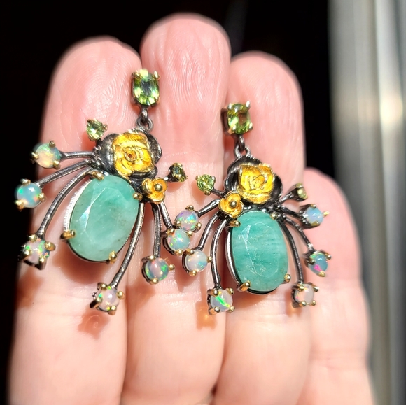 Large Emeral Opal & Peridot sterling & gold dramatic earrings - Picture 5 of 7
